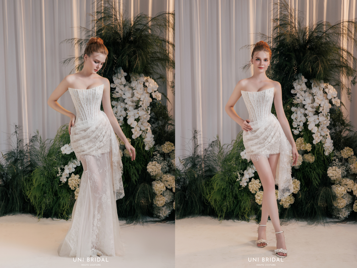 Thiết kế váy cưới 2in1 dáng dài kết hợp mini skirt