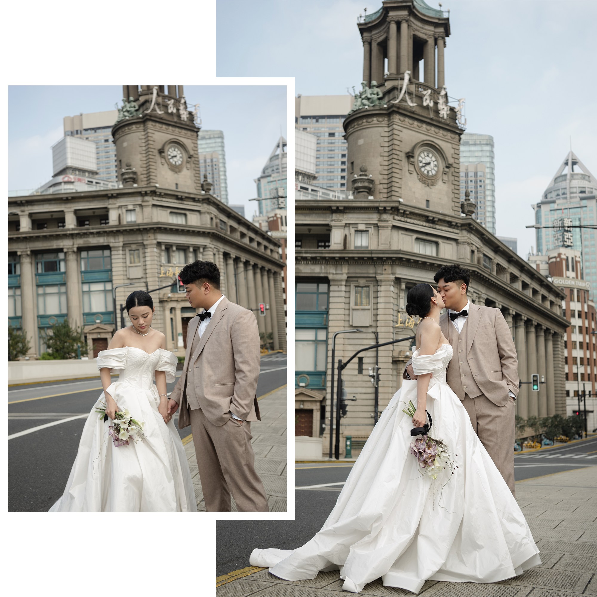 Bản hòa âm đầy lãng mạn của thiết kế váy cưới trễ vai của Uni giữa đô thị sầm uất